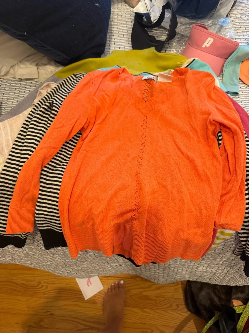 EP Pro Women's V-Neck Sweater in Coral with Lime and Aqua Accents